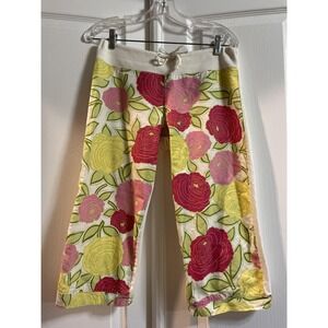 Nilla Shields Pants Womens Small White Floral Capri Cropped Drawstring Made USA